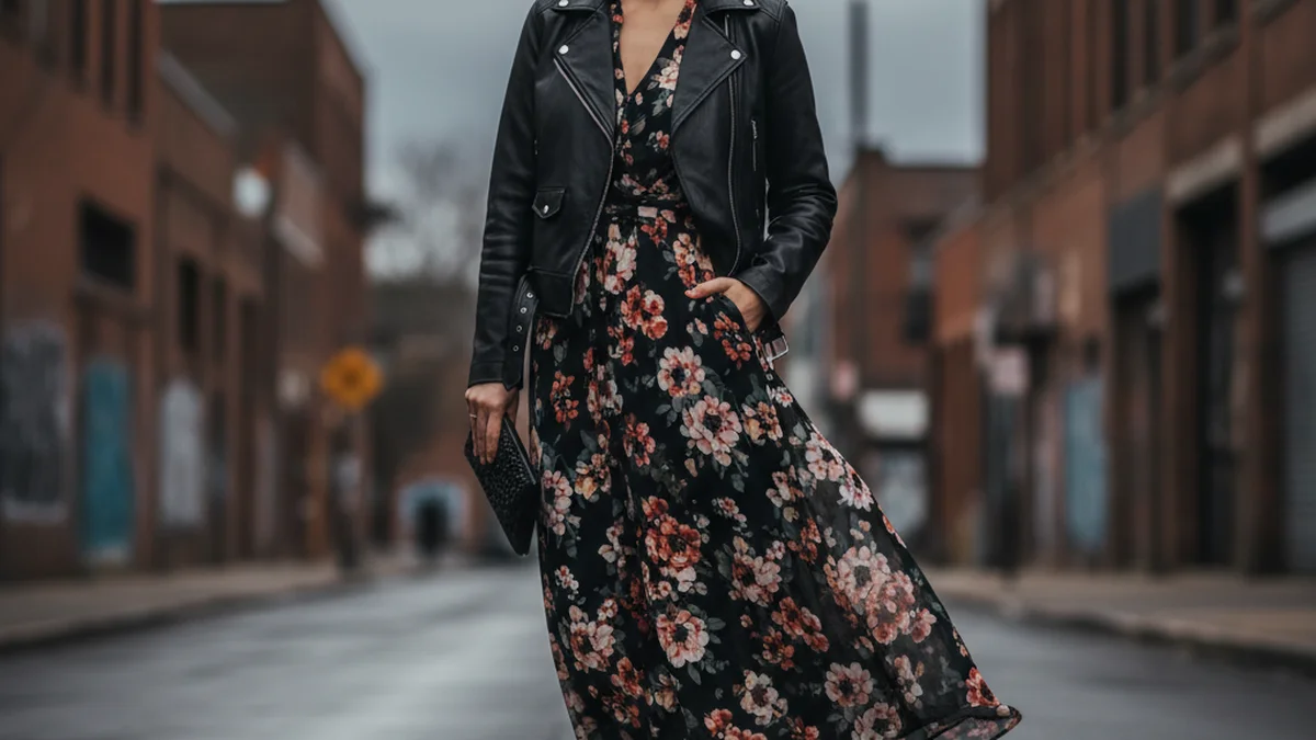 Perfecto en cuir noir porté sur une robe fleurie