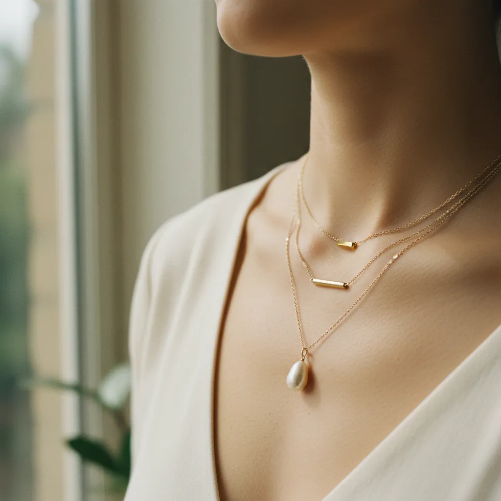 Le layering de colliers se compose en dégradé de longueurs pour un effet sophistiqué