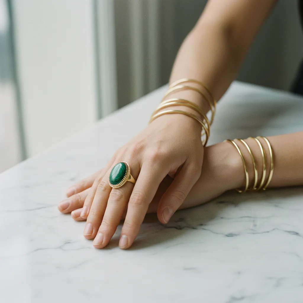 Bague en malachite et joncs fins dorés : le duo gagnant de la saison