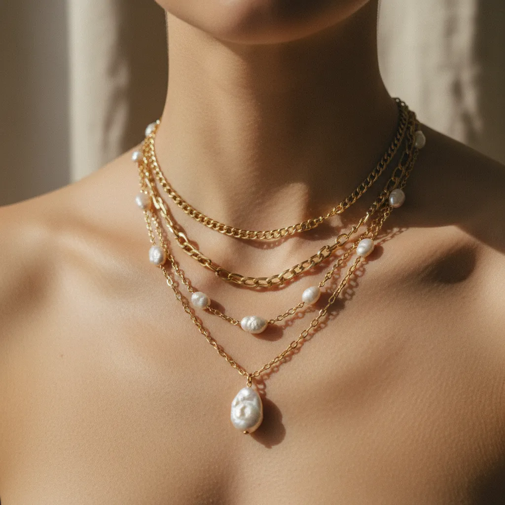 Layering de colliers dorés et perles baroques sur un décolleté épuré