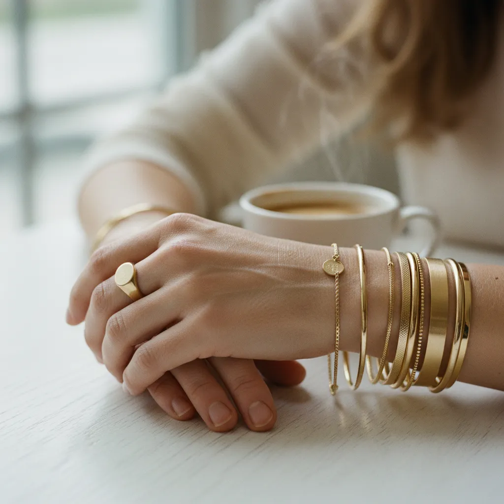 Accumulation maîtrisée de bracelets et bagues dorés au quotidien