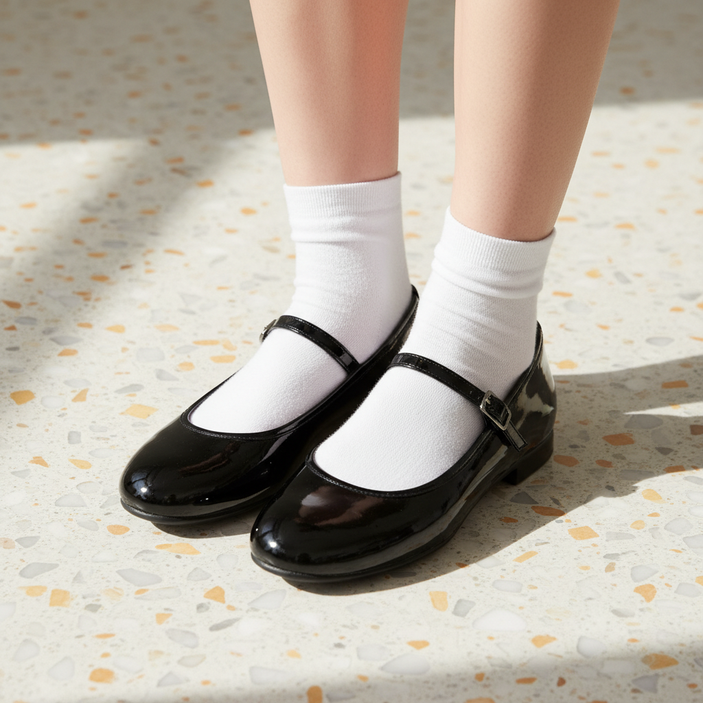 Ballerines Mary Jane noires vernies portees avec des chaussettes blanches