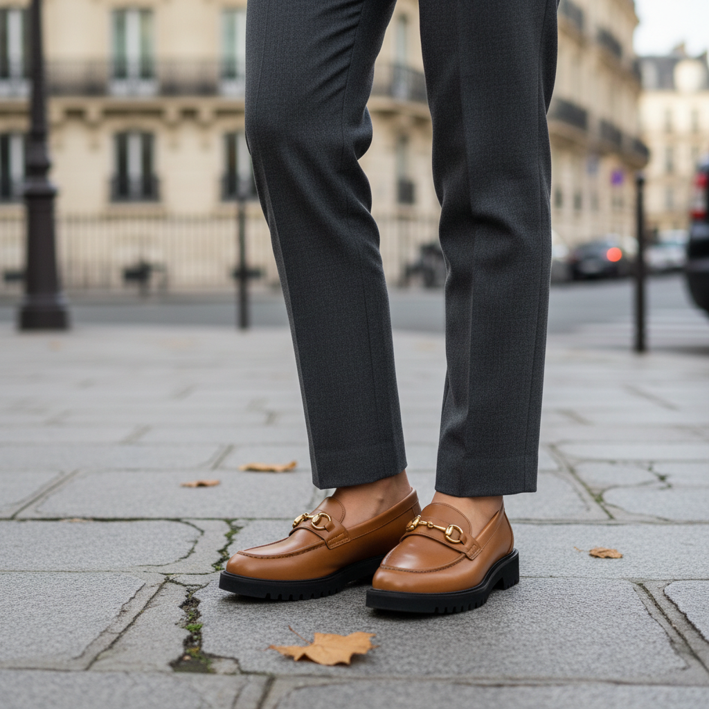 Mocassins à mors dore en cuir camel portes avec un pantalon de costume gris