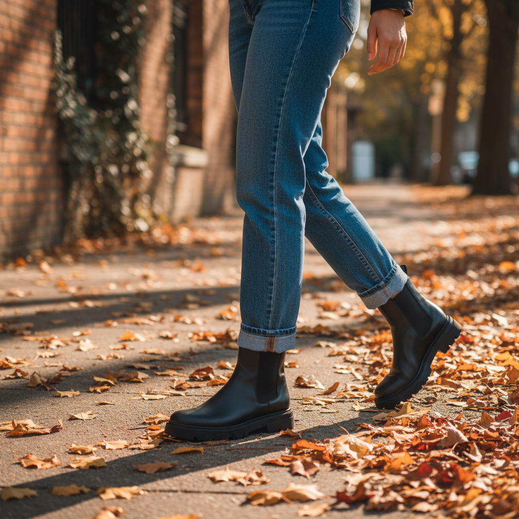 Bottines Chelsea noires en cuir lisse portees avec un jean droit bleu brut