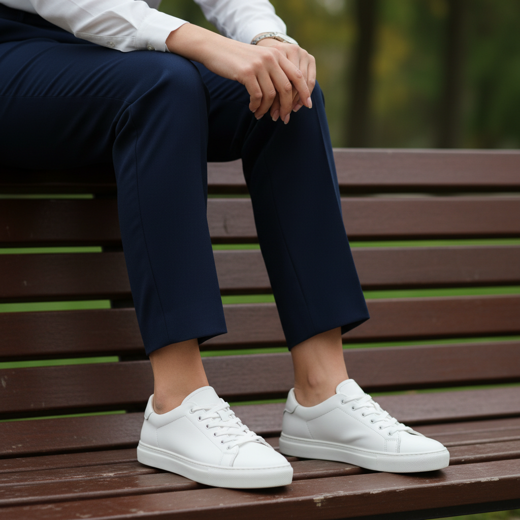Sneakers blanches en cuir portees avec un pantalon habille bleu marine