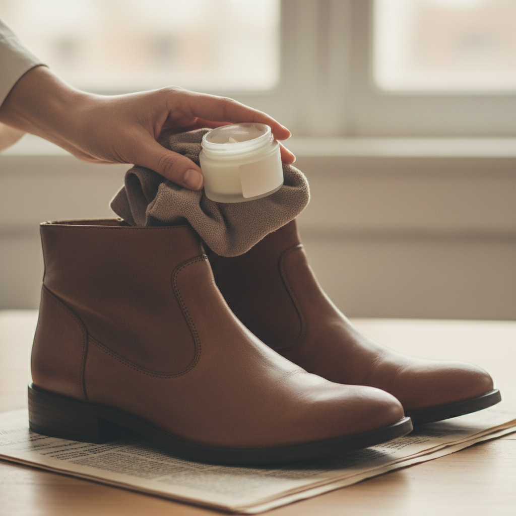 Entretien de bottines en cuir avec creme nourrissante et chiffon doux
