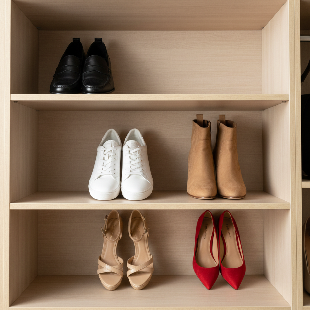 Etagere de chaussures féminines organisee dans un dressing avec embauchoirs