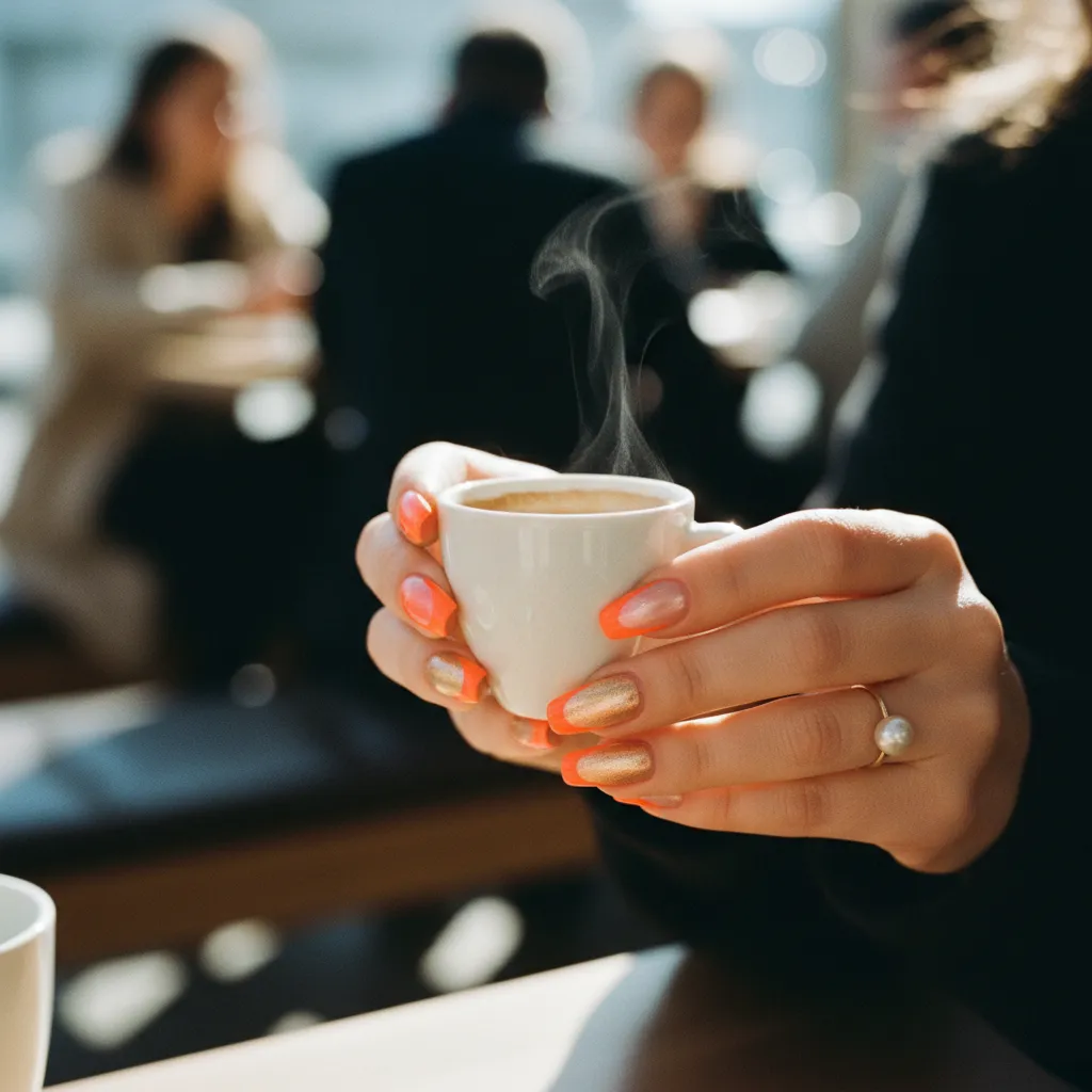 French manucure néon et dorée sur ongles coffin pour un look audacieux