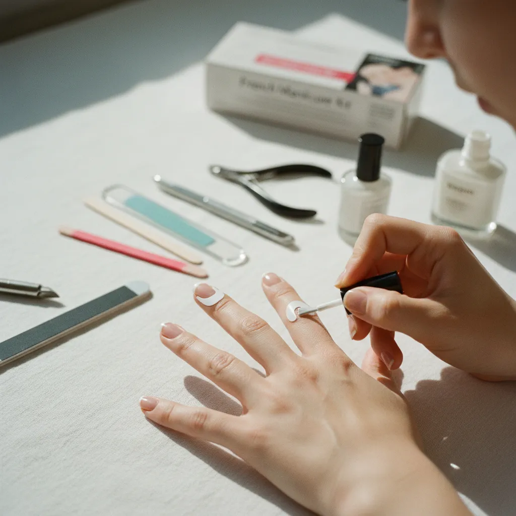Application du vernis blanc sur la pointe de l'ongle à l'aide d'un guide autocollant