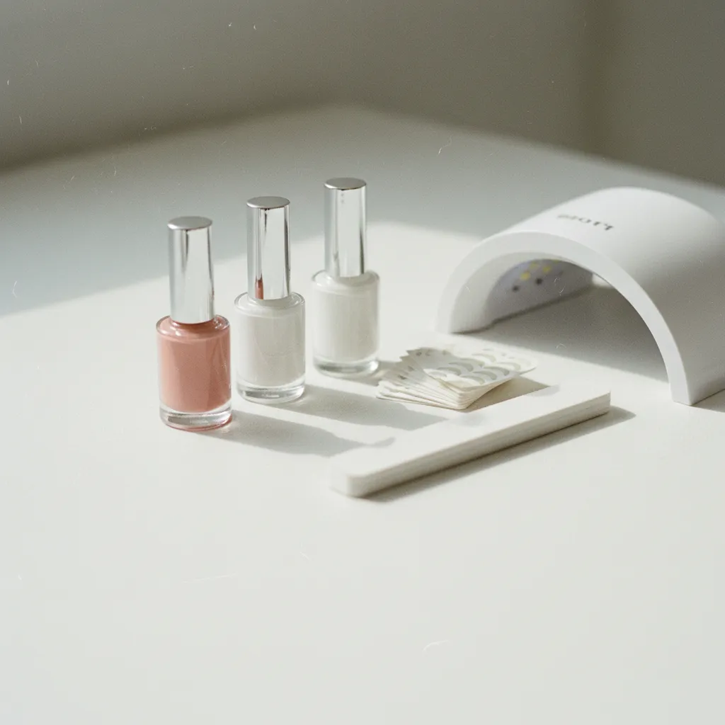 Composition à plat des éléments essentiels d'un kit pour french manucure semi-permanent