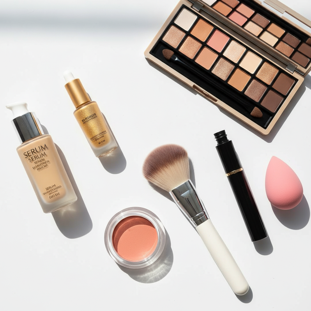 Sélection de produits de maquillage aux teintes nude et naturelles pour mariée