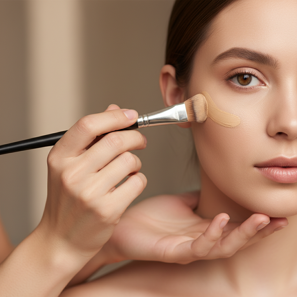 Application du fond de teint au pinceau plat sur le visage d'une future mariée