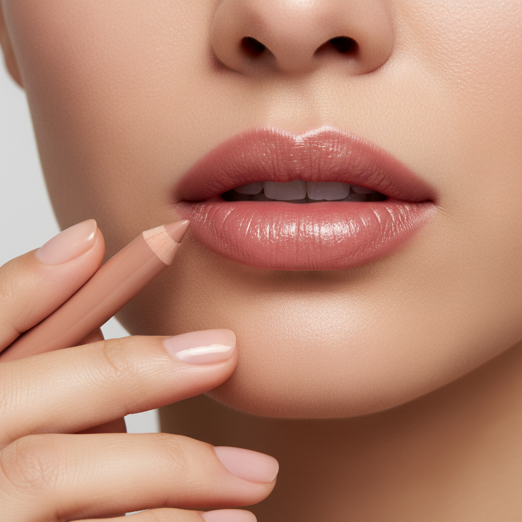 Gros plan sur des lèvres de mariée au rouge à lèvres nude rosé naturel