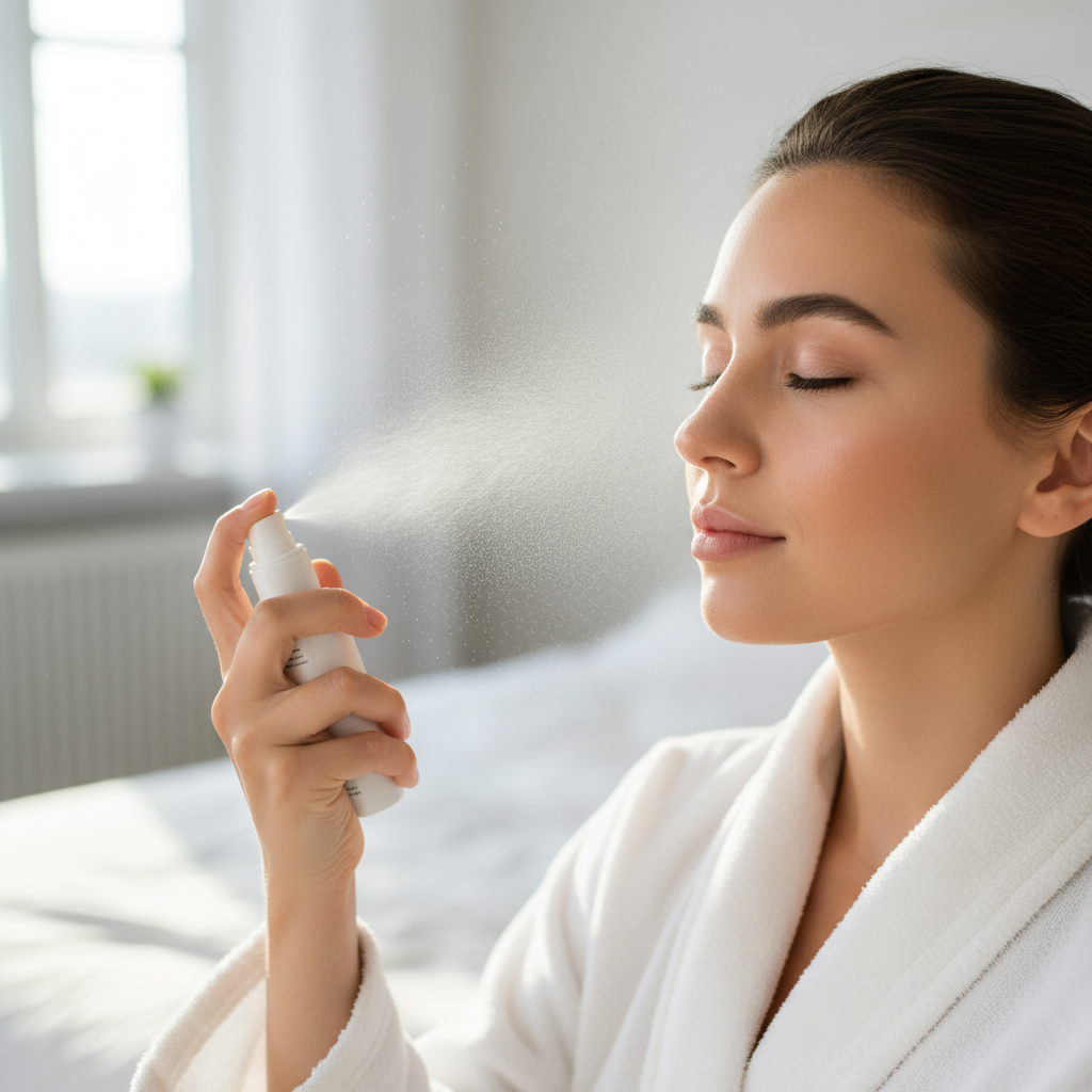 Mariée recevant une vaporisation de spray fixateur sur son maquillage naturel