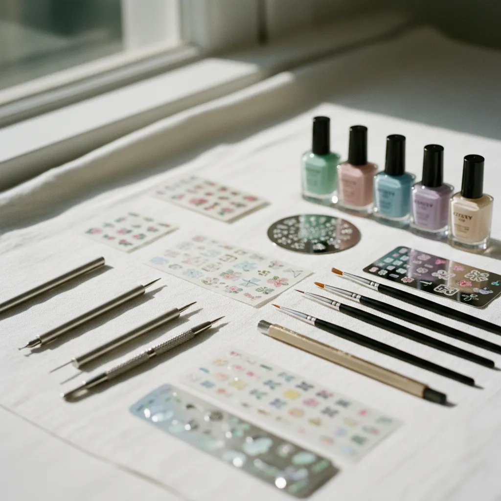 Les outils essentiels du nail art facile : dotting tool, pinceau liner, stickers et scotch de manucure