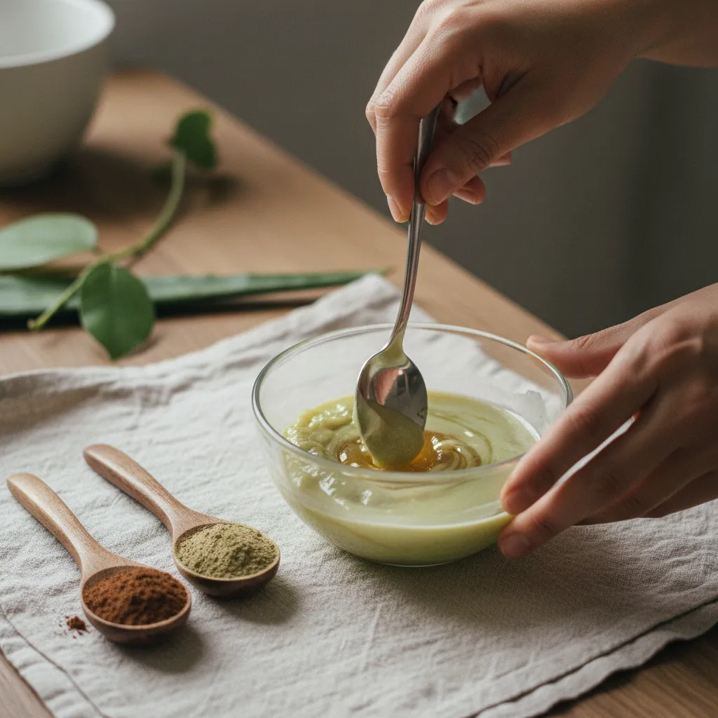 Préparation d'un soin capillaire maison à base de gel d'aloe vera, miel et poudres ayurvédiques