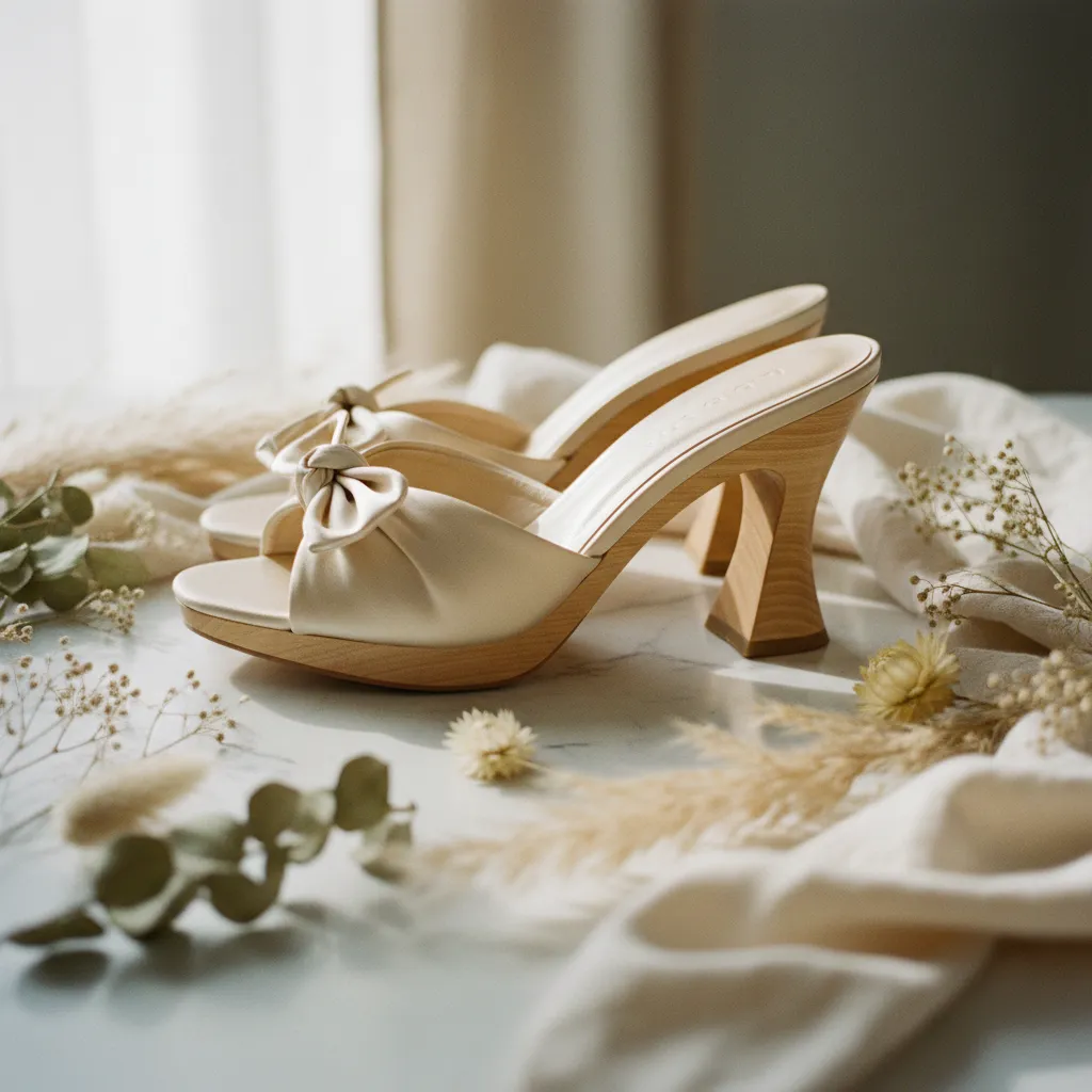 Mules à talon sculptural en bois et satin, l'élégance de l'été 2026