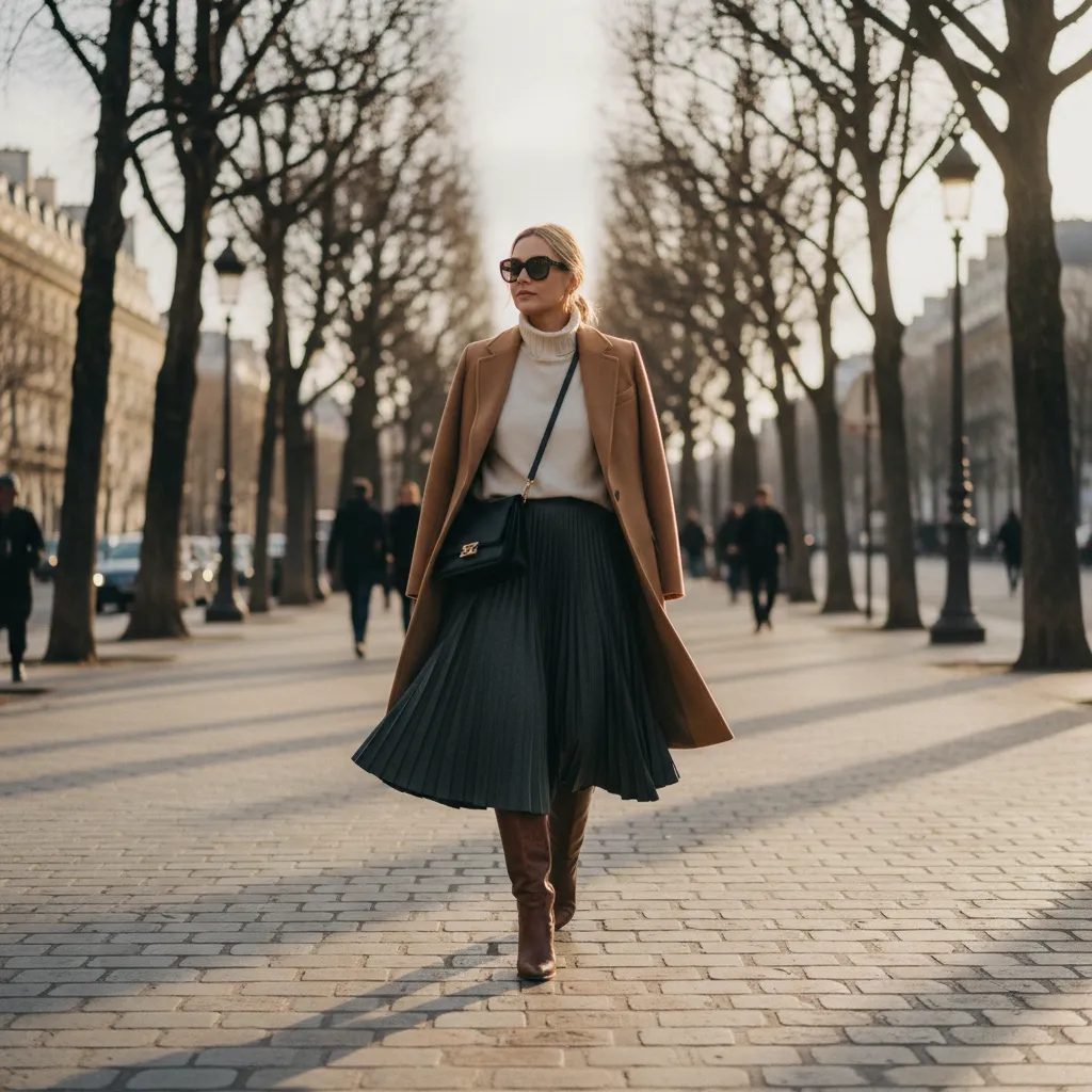 Association jupe plissée et bottes western hautes pour un look hivernal affirmé