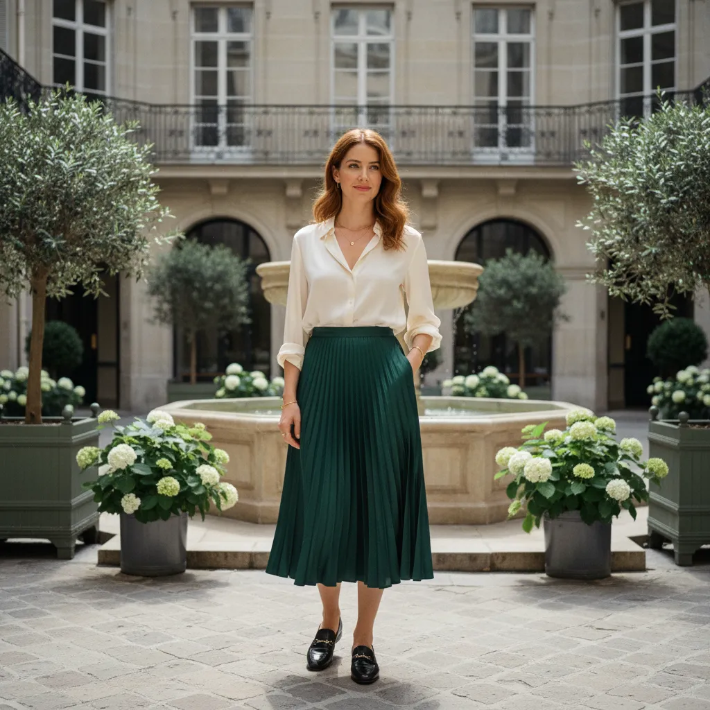 La jupe midi plissée en satin associée à des accessoires minimalistes incarne le style tendance 2026