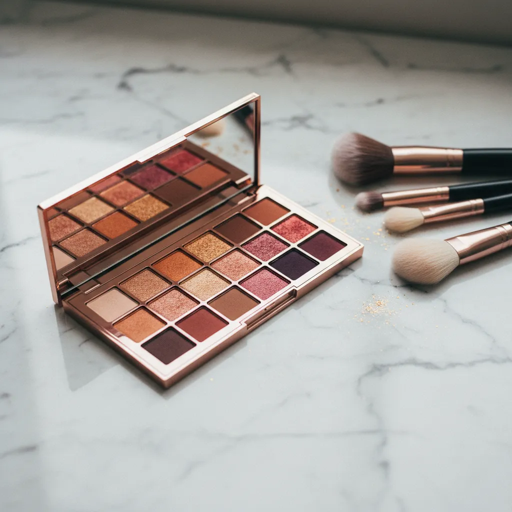 Les palettes aux tons cuivrés, dorés et prune sont idéales pour les yeux marrons