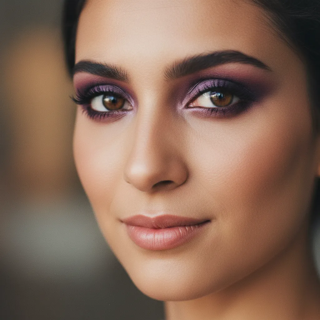 Le smoky prune velours crée un contraste saisissant avec les iris marrons