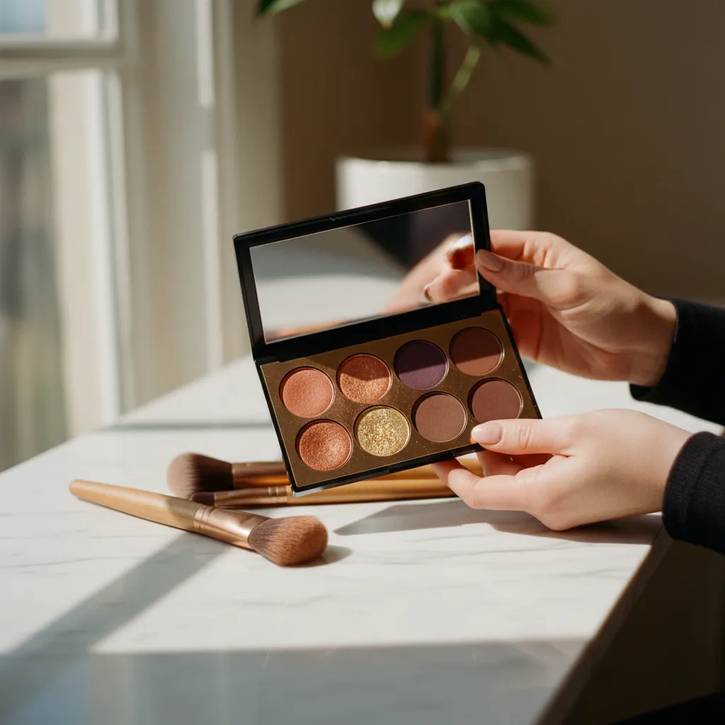 Palette de fards aux tons cuivrés et prune, idéale pour les yeux marron