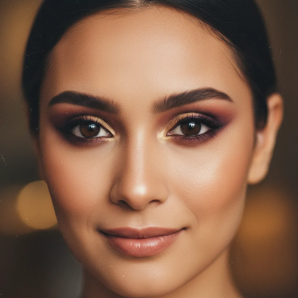 Smoky eye prune et or pour un look soirée sur yeux marron