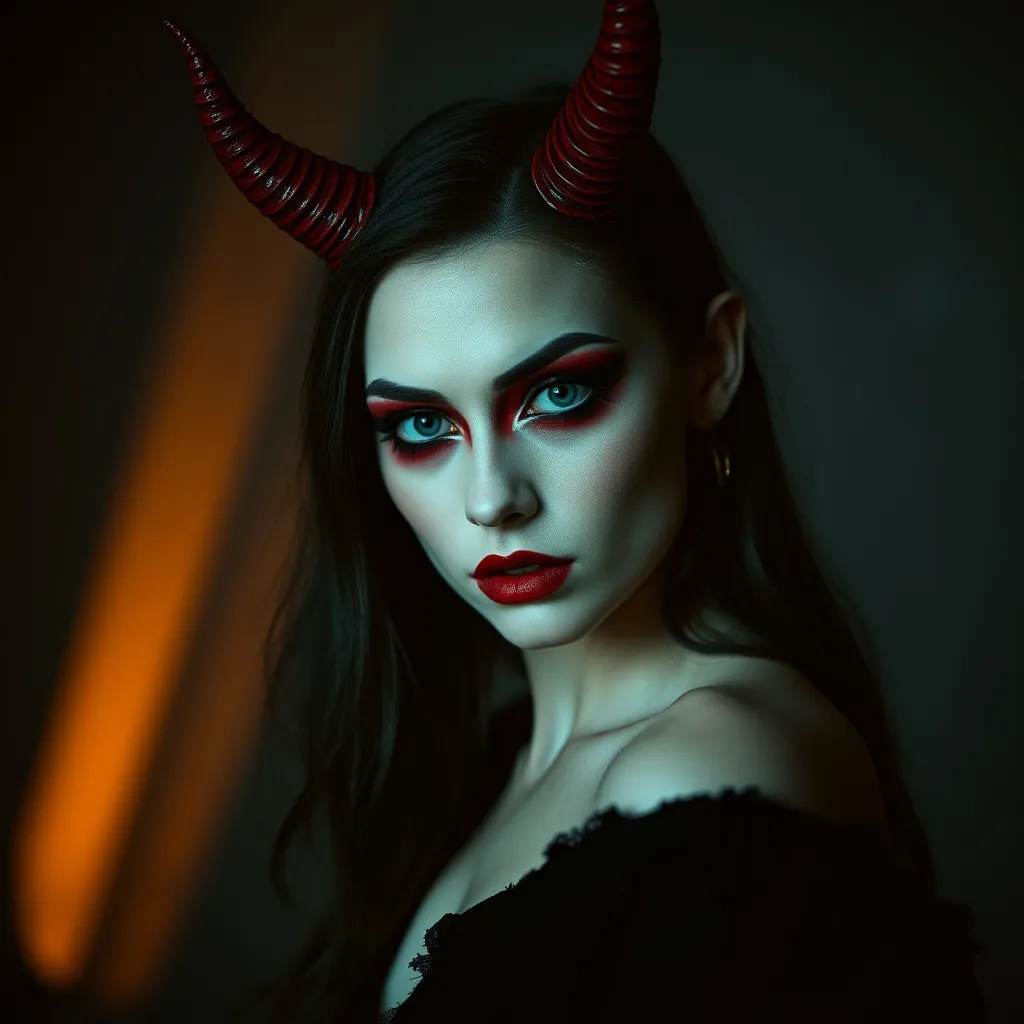 Look complet de diablesse avec cornes, maquillage des yeux intense et teint porcelaine