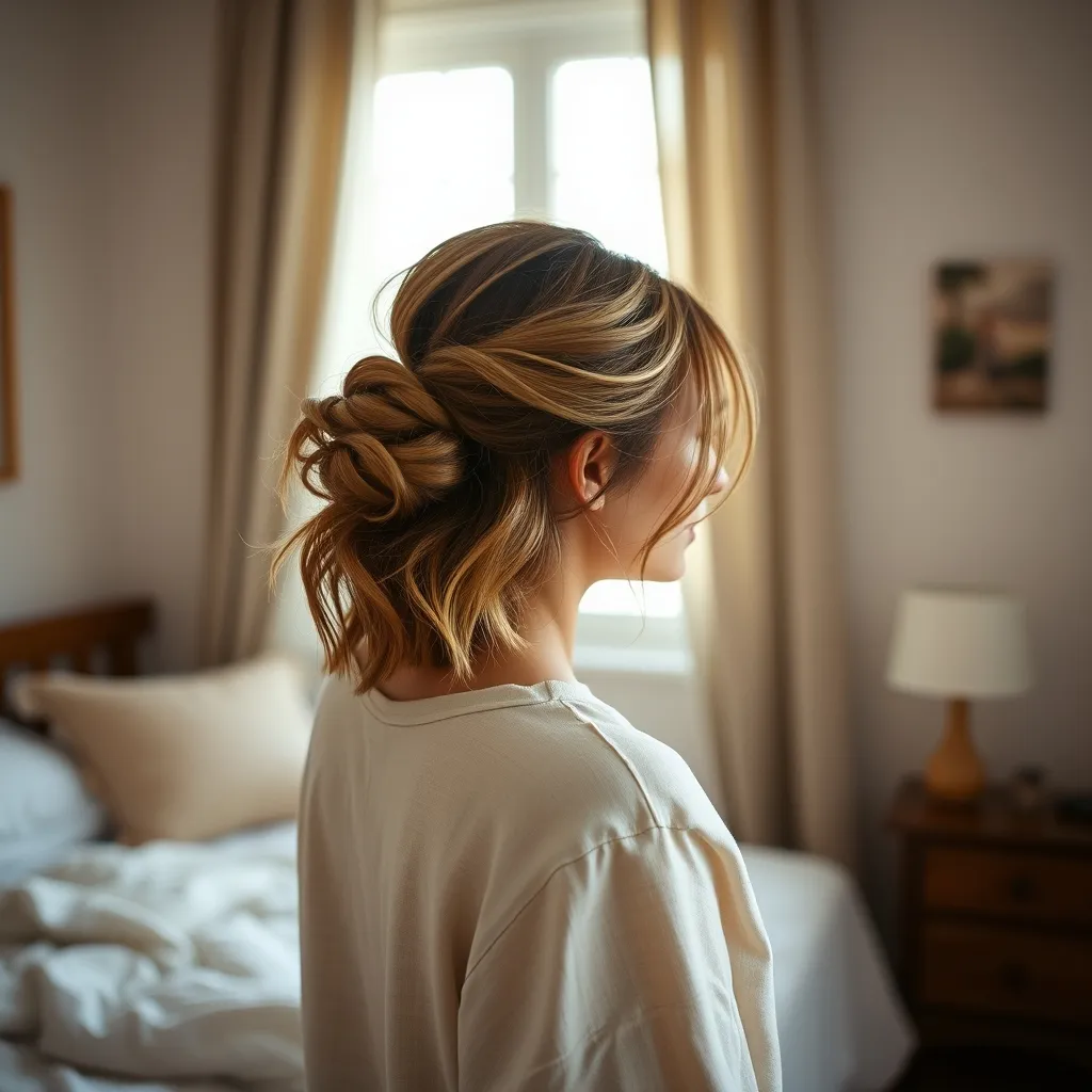 Le chignon ananas sur cheveux mi-longs avec une attache légèrement plus basse sur la couronne
