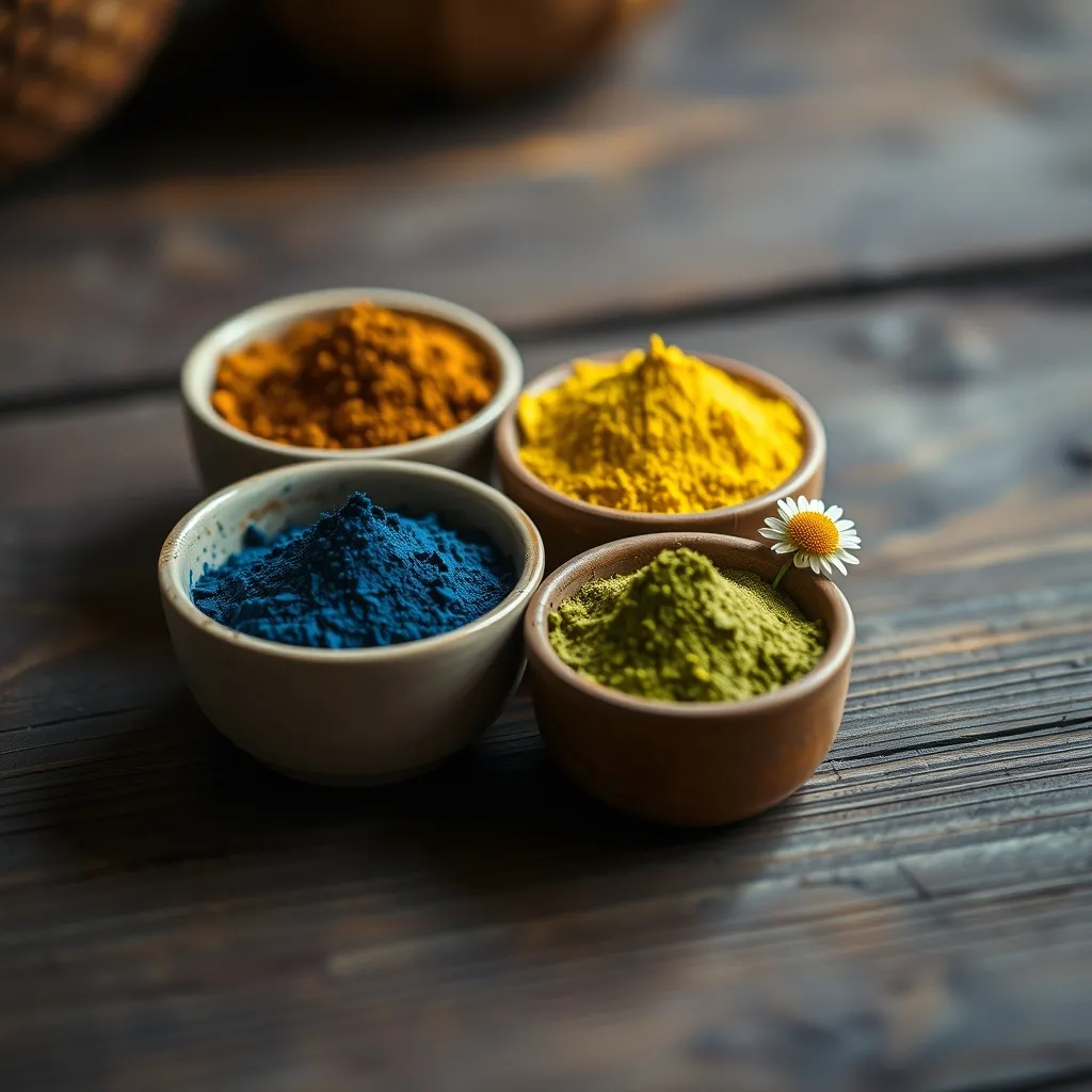 Poudres tinctoriales naturelles : henné, indigo et camomille pour une coloration sans allergène