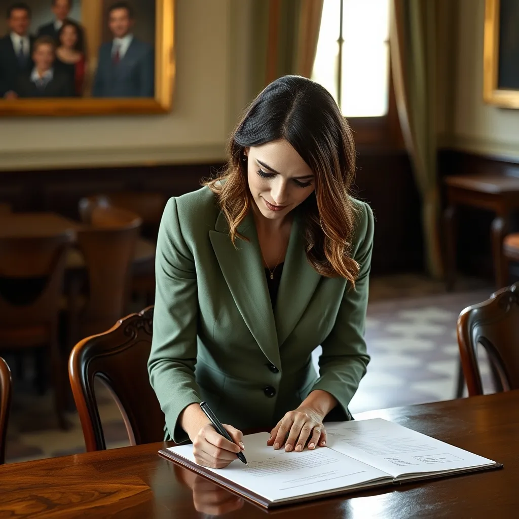 Témoin signant le registre de mariage en tailleur-pantalon vert sauge