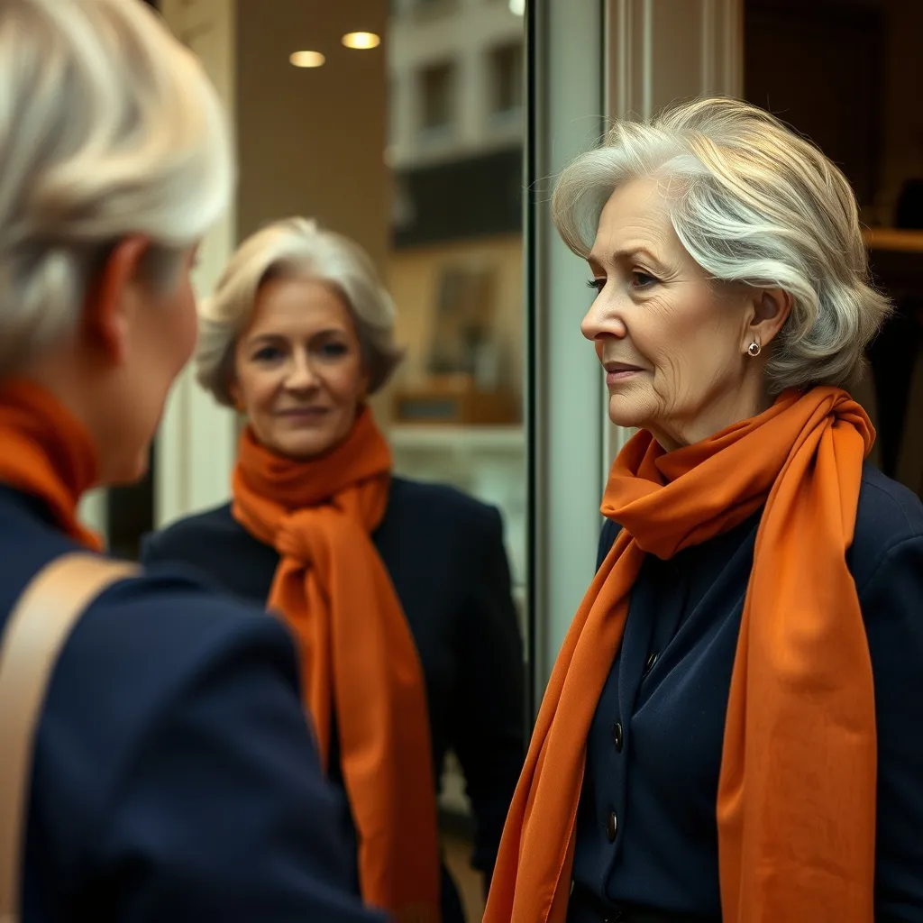 La règle des 3 couleurs en action : un foulard terracotta illumine une tenue marine sobre