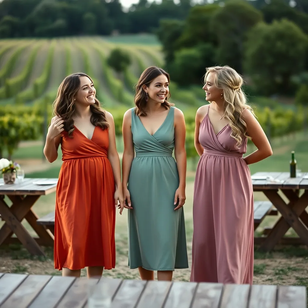 Trois silhouettes différentes sublimées par des robes midi adaptées à un mariage champêtre
