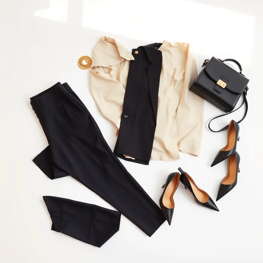 La tenue complète posée à plat : pantalon droit, blouse fluide, blazer structuré et accessoires sobres