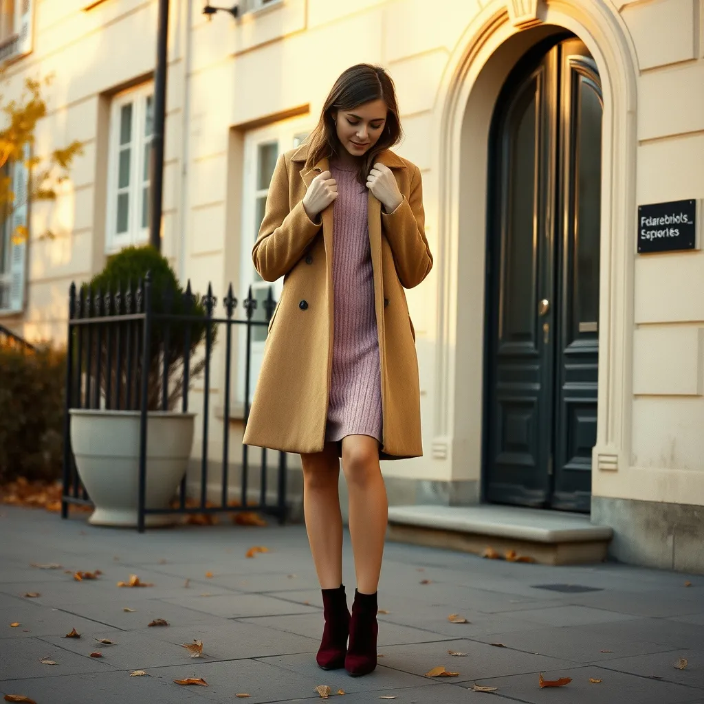 Look automnal élégant avec robe en maille vieux rose et manteau camel devant la mairie