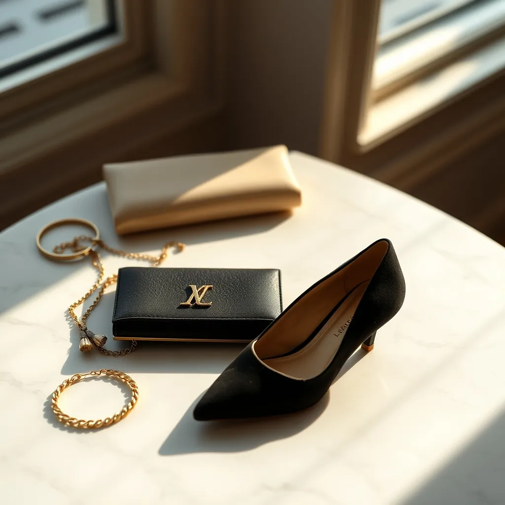 Les accessoires essentiels pour un dîner romantique : pochette dorée, boucles pendantes et escarpins pointus