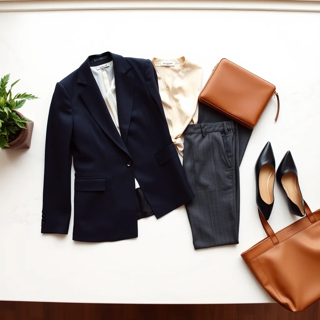 Les pièces essentielles d'une tenue d'entretien corporate : blazer, chemisier, pantalon droit et accessoires sobres