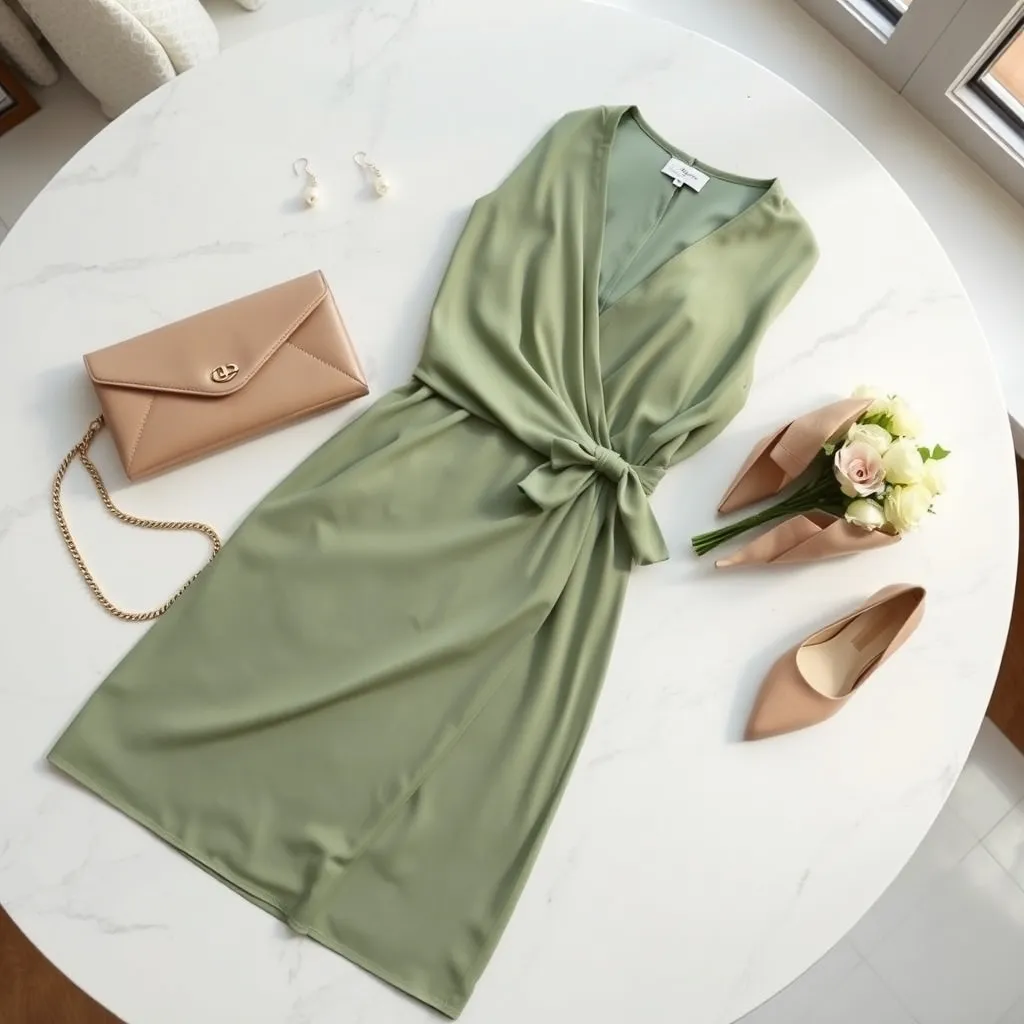 Composition d'une tenue d'invitée pour mariage civil avec robe portefeuille et accessoires dorés
