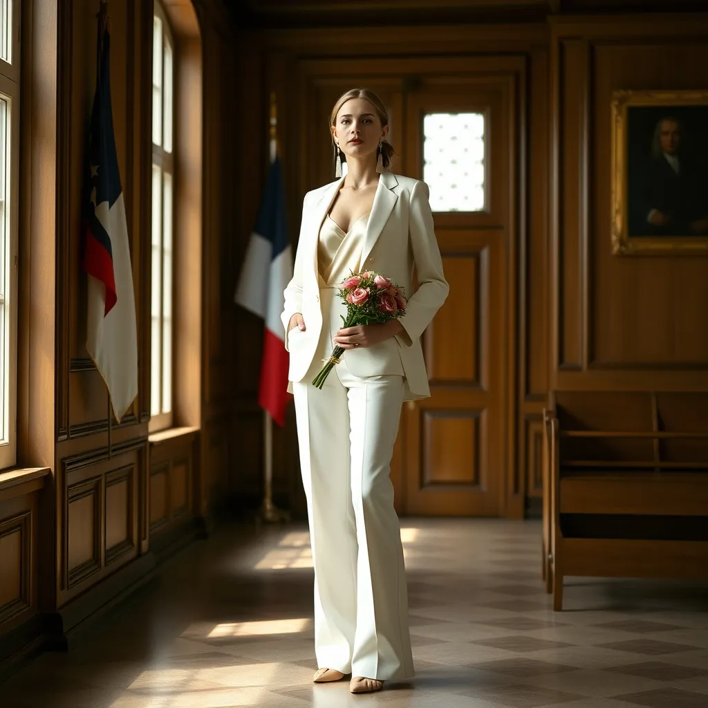 Tailleur-pantalon ivoire, une alternative moderne à la robe pour la mariée en mairie