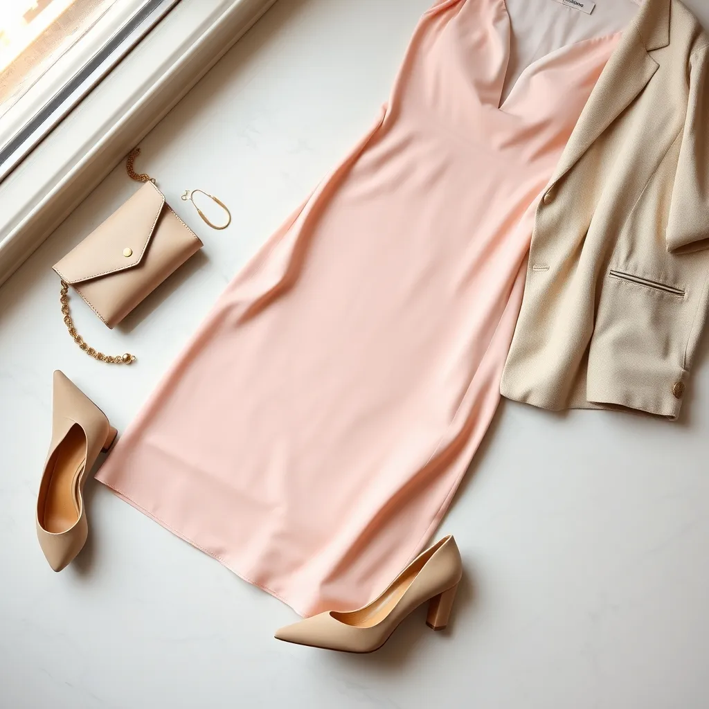 Les essentiels d'une tenue de communion solennelle : robe midi, talons bloc, pochette et blazer léger