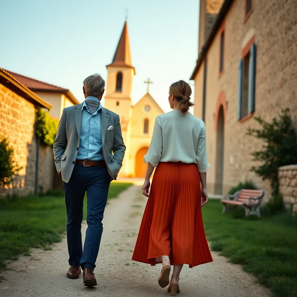 Un couple coordonné pour une communion : chino-blazer pour lui, jupe plissée et blouse pour elle