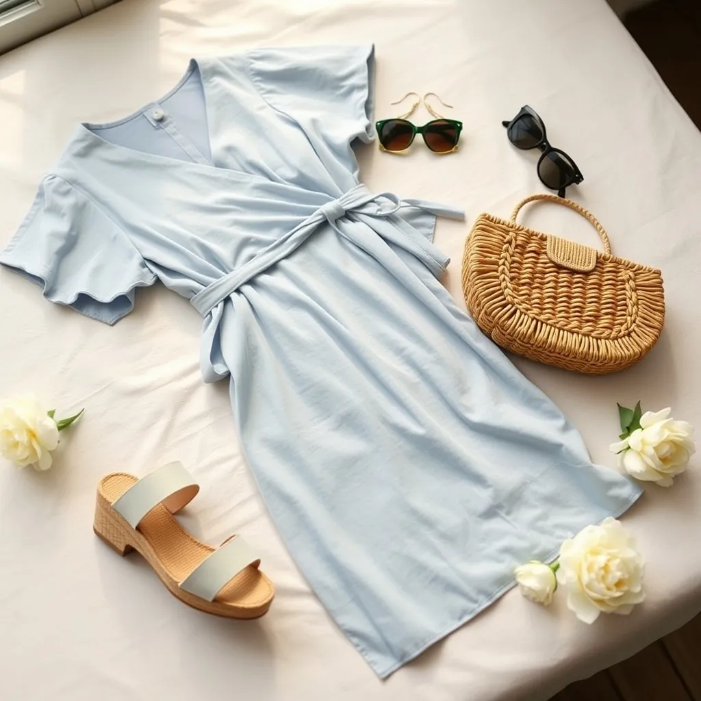 Flat lay d'une tenue garden party complète : robe portefeuille, espadrilles et accessoires en matières naturelles