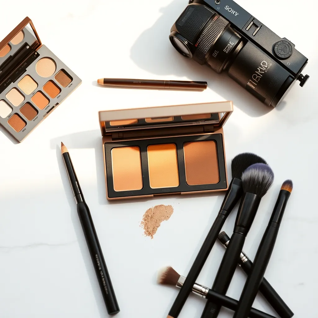 Kit maquillage mariée : palette de fards chauds, khôl brun, mascara et pinceaux essentiels