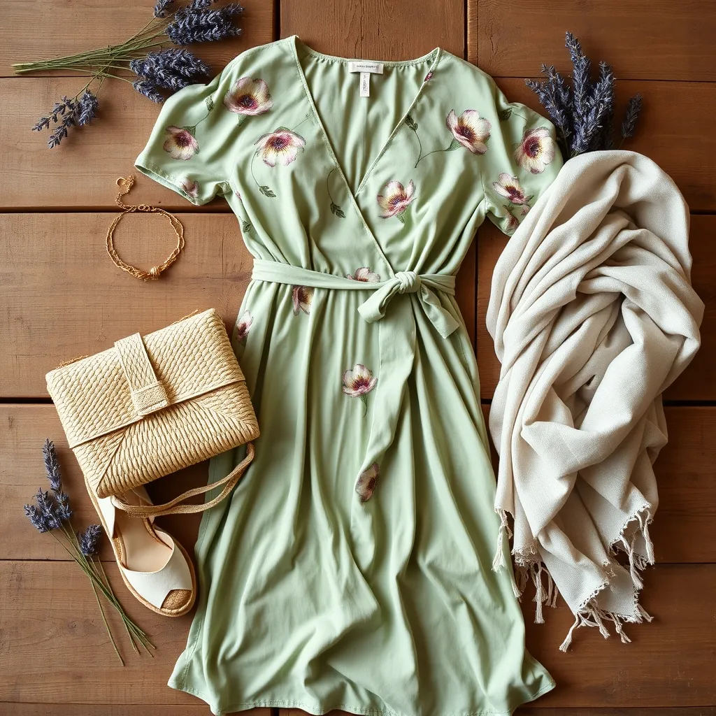 Tenue complète pour mariage champêtre : robe portefeuille, espadrilles compensées et pochette en paille