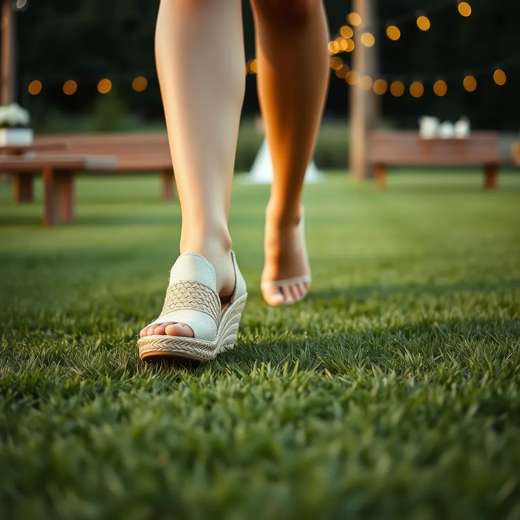 Les espadrilles compensées, le choix le plus sûr pour marcher sur l'herbe lors d'un mariage champêtre