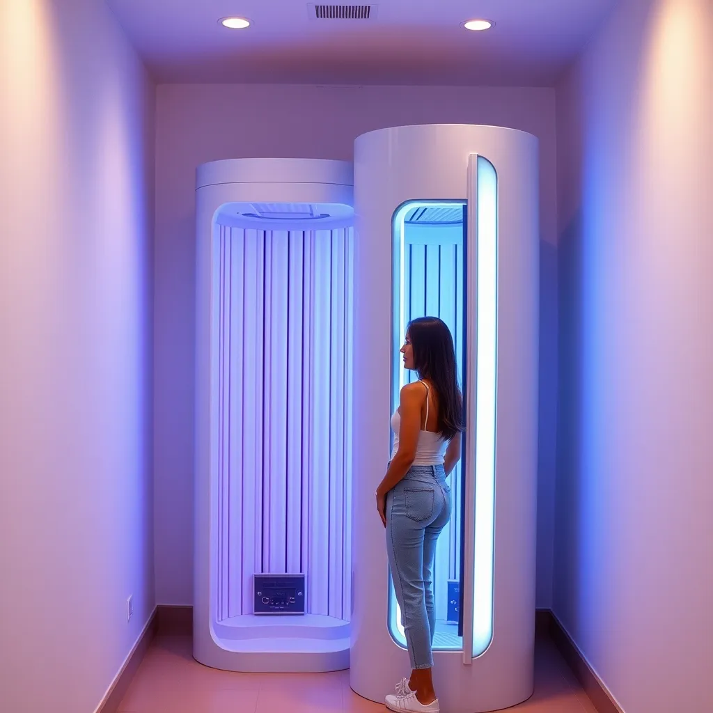 Cabine UV verticale dans un centre de bronzage professionnel pour un hâle uniforme