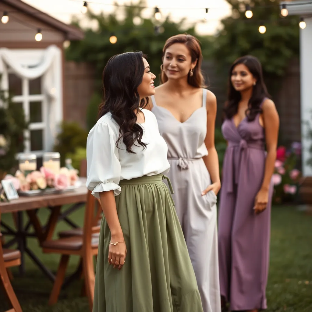Tenues d'invitées pour une baby shower en extérieur : jupe midi et combinaison pastel