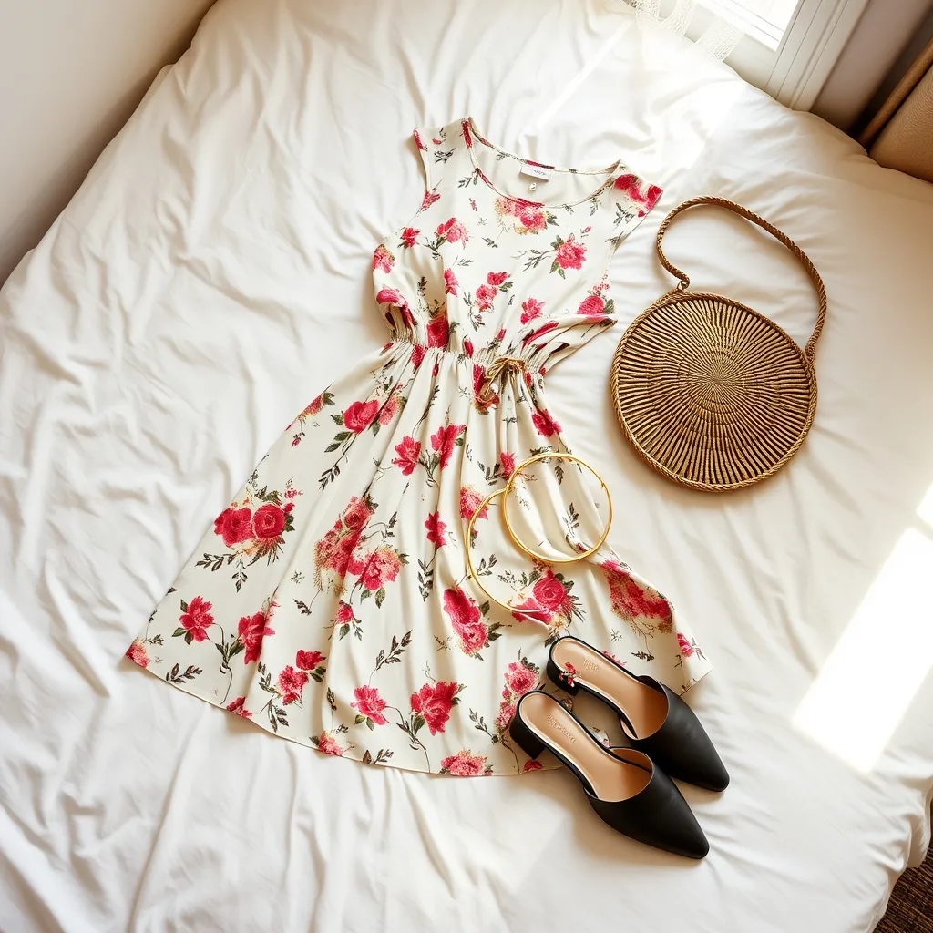 Les pièces essentielles du look brunch : robe midi, accessoires dorés et mules à talon bloc