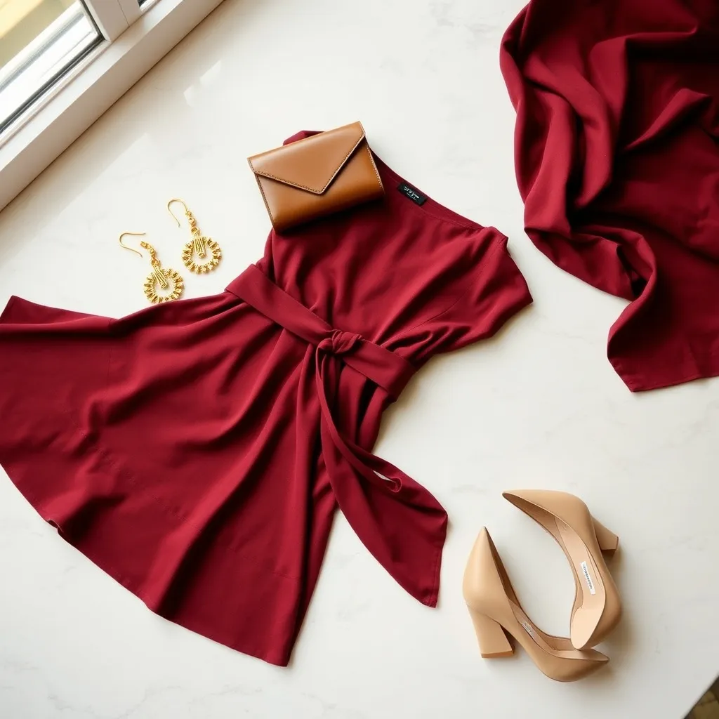 Sélection complète pour un cocktail dînatoire : robe portefeuille bordeaux et accessoires dorés