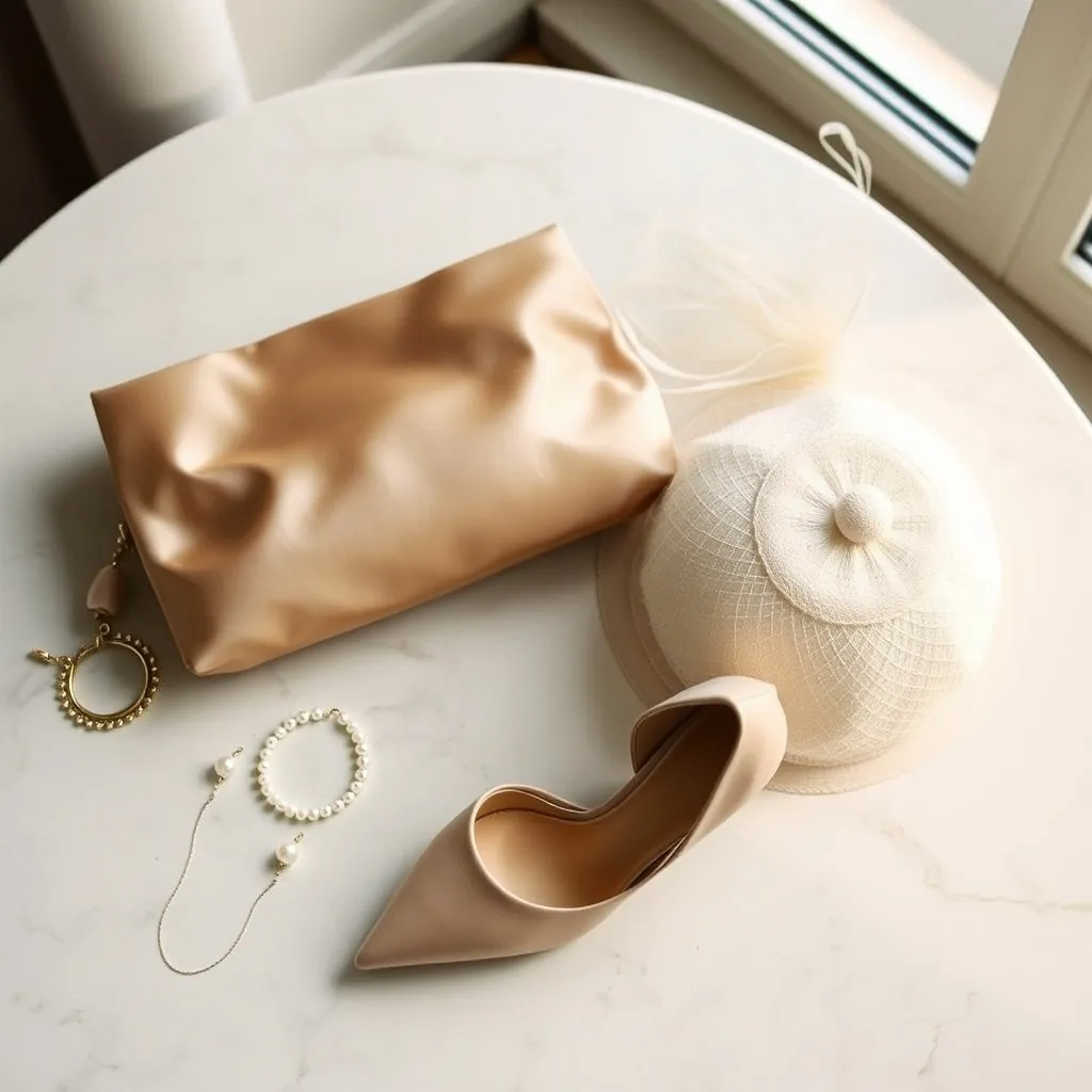 Les accessoires essentiels : pochette, bijoux discrets, escarpins à talon bloc et bibi pour la touche finale